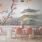 Ταπετσαρίες Δέντρο με ροζ λουλούδια και ένα κτίριο στο φόντο