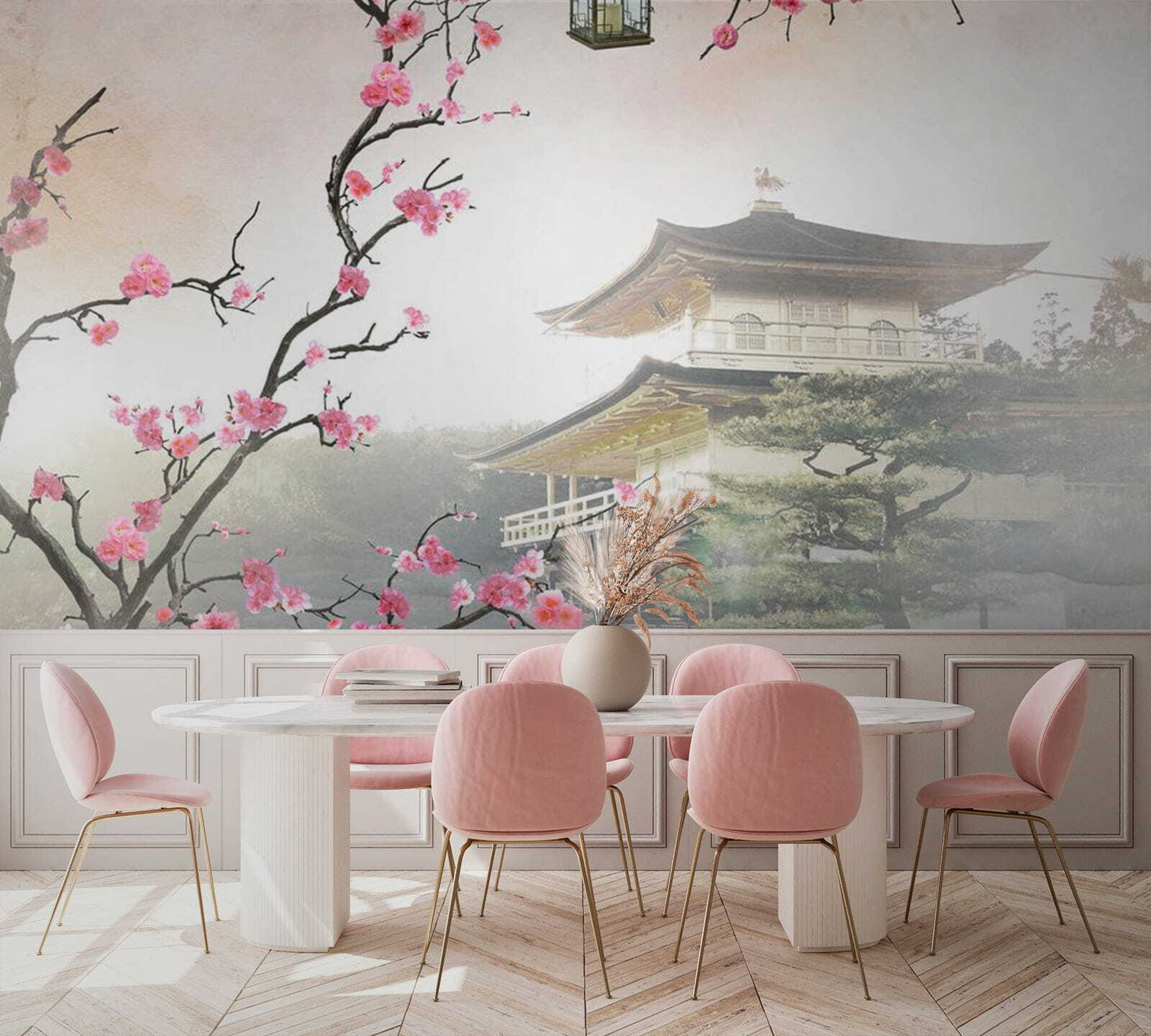 Tree with pink flowers and a building in the background Tree with pink flowers and a building in the background