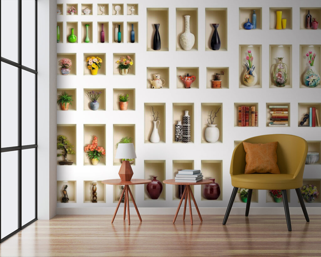 Wall with shelves full of vases and flowers Wall with shelves full of vases and flowers