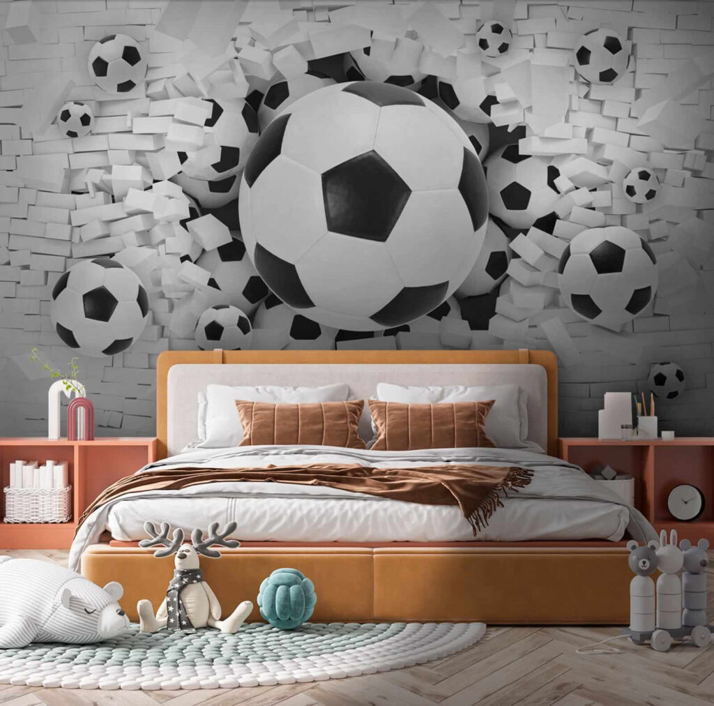 Group of football balls in a pile of bricks