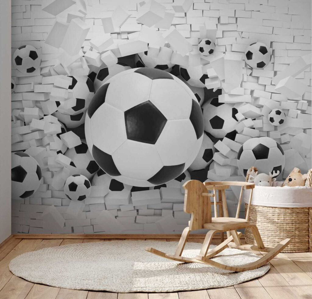 Group of football balls in a pile of bricks