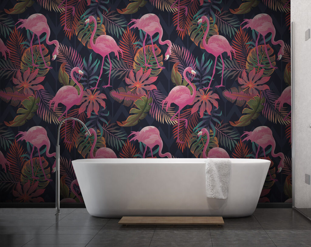 A pattern of pink flamingos and leaves A pattern of pink flamingos and leaves