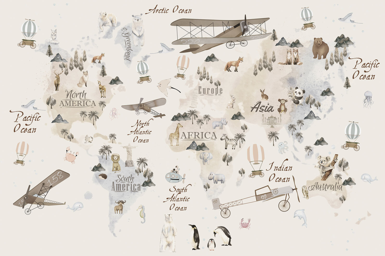 Map of the world with animals and birds Map of the world with animals and birds