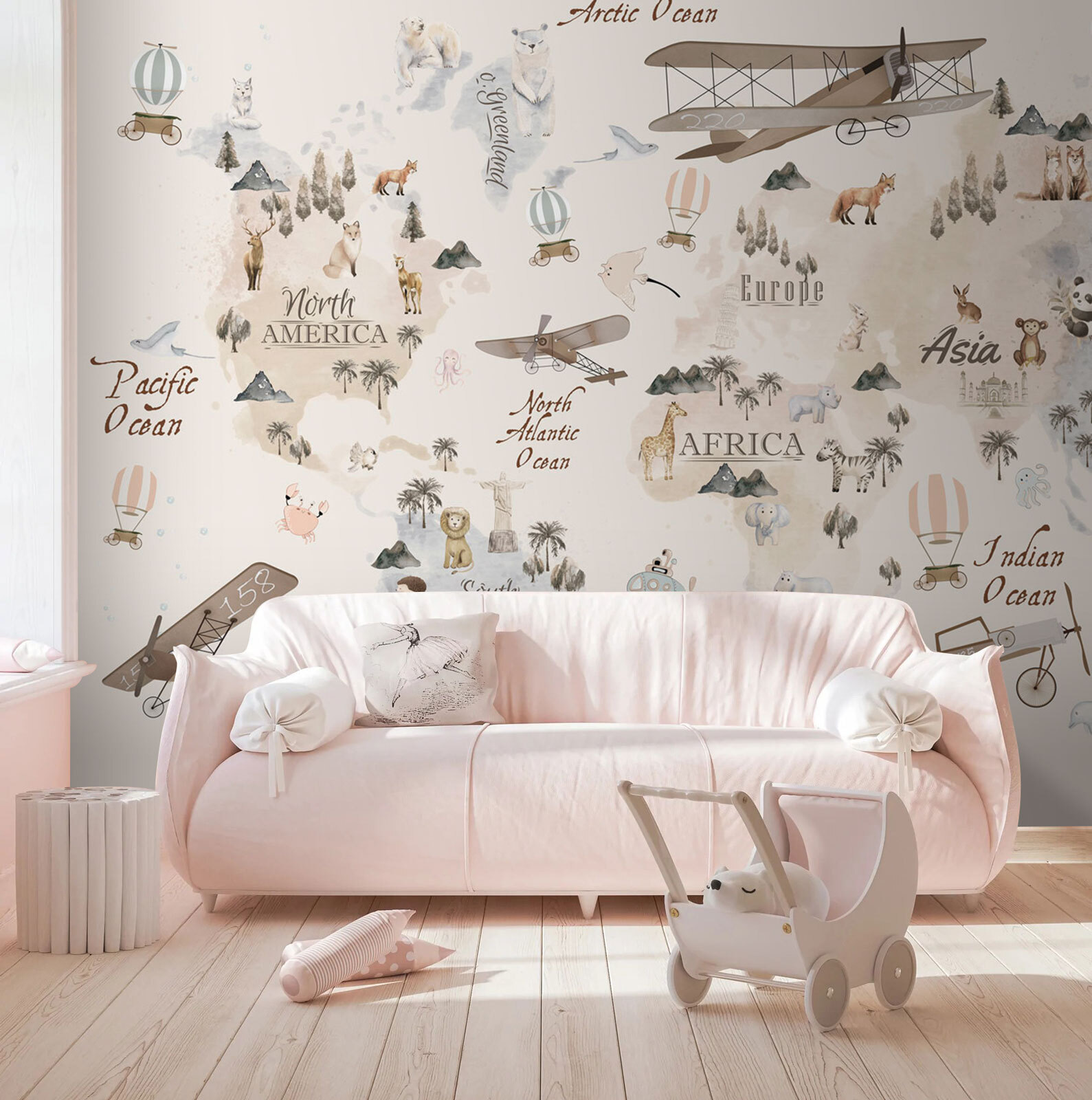 Map of the world with animals and birds Map of the world with animals and birds