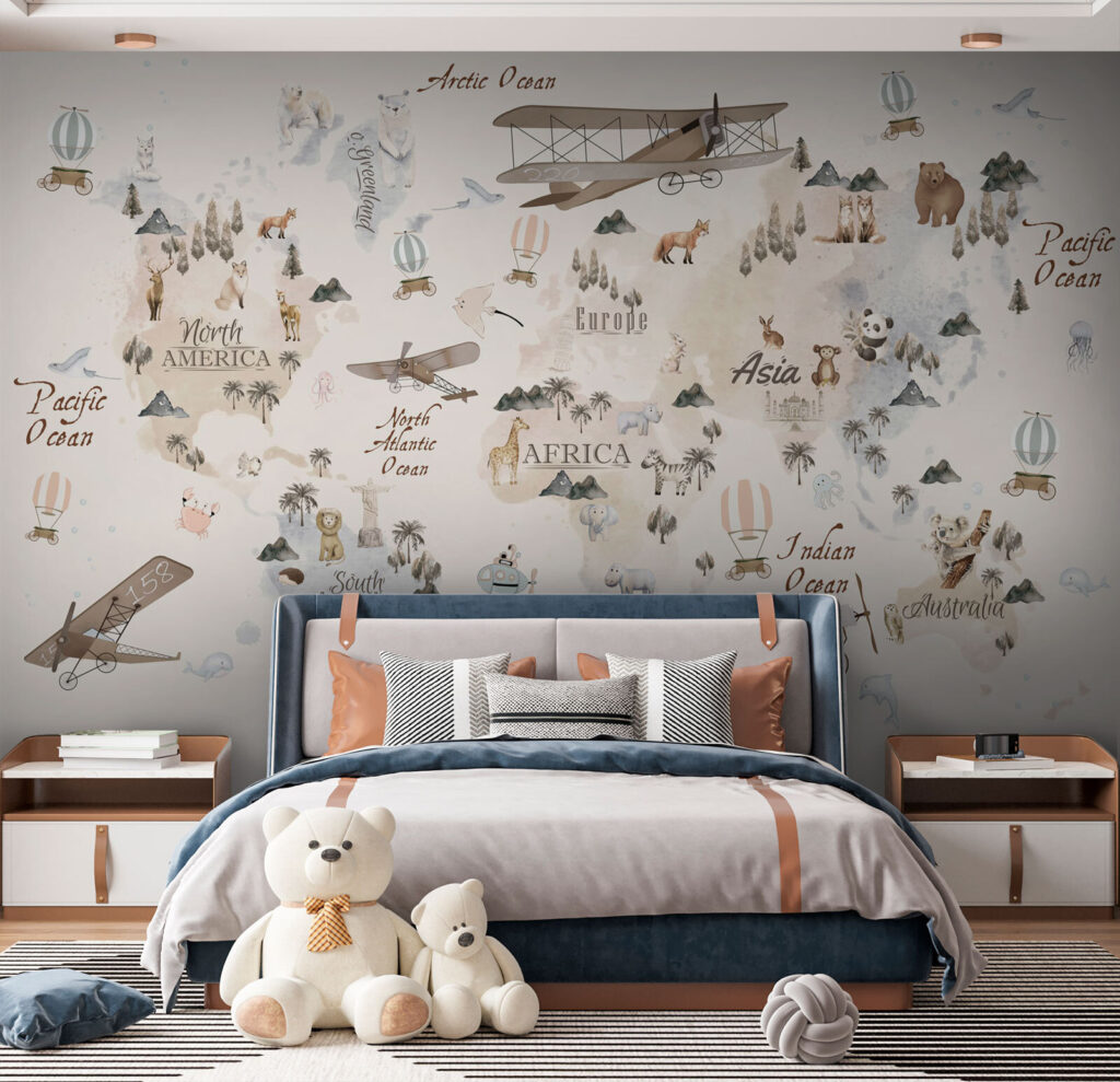 Map of the world with animals and birds Map of the world with animals and birds