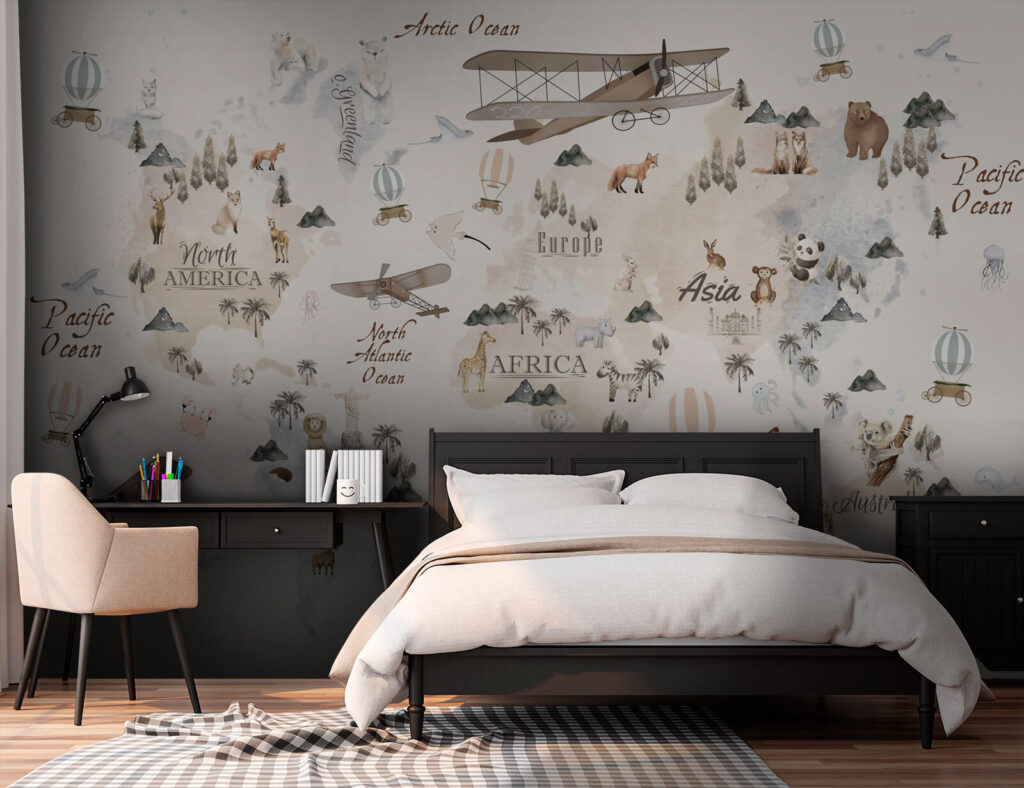 Map of the world with animals and birds Map of the world with animals and birds