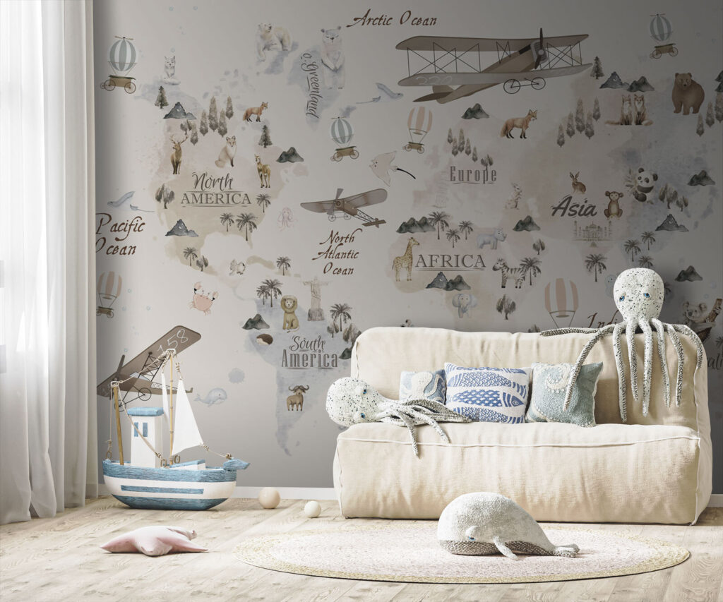 Map of the world with animals and birds Map of the world with animals and birds