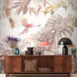 Ταπετσαρίες Ομάδα πουλιών σε ένα κλαδί που περιβάλλεται από τροπικά φυτά