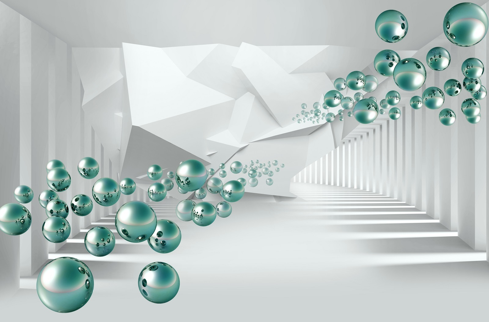 White room with white walls and white columns and green balls