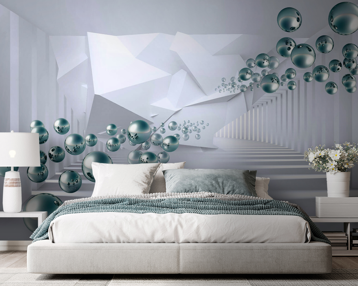 White room with white walls and white columns and silver balls