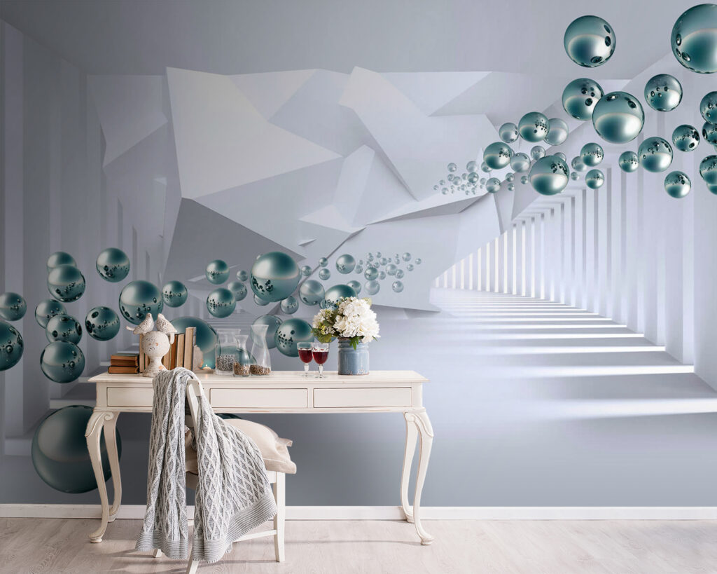 White room with white walls and white columns and silver balls