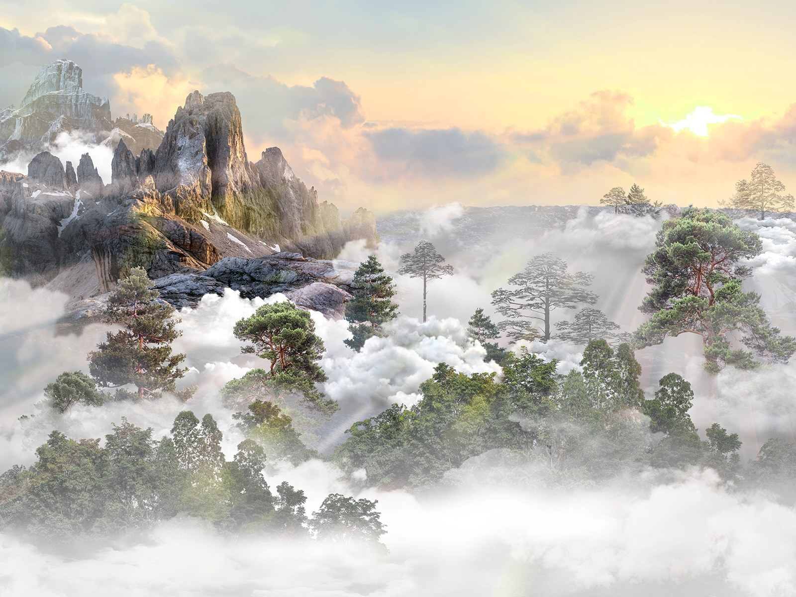 Mountain with trees and clouds