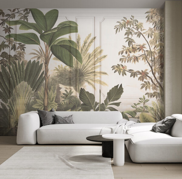 A wallpaper with a painting of trees and plants
