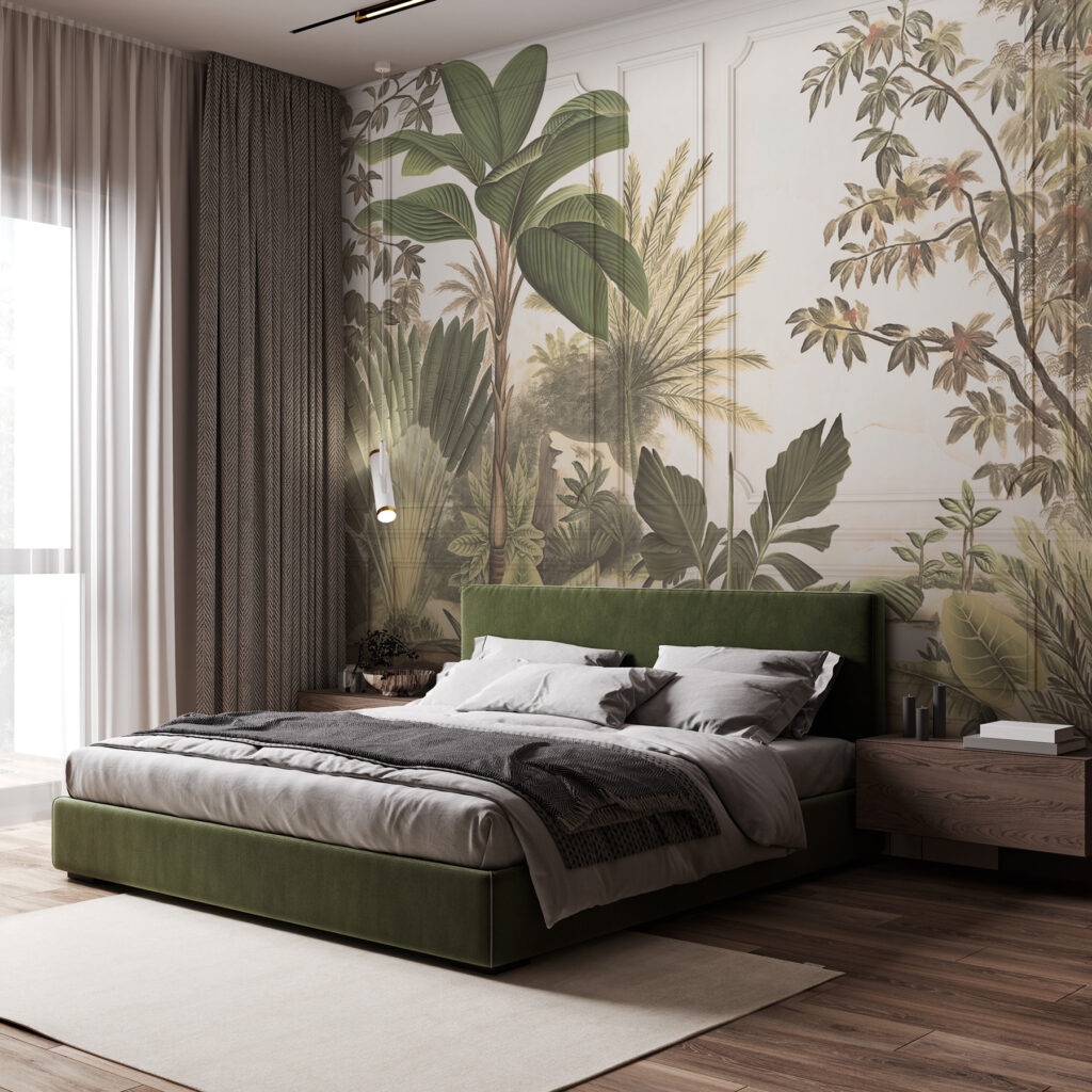 A wallpaper with a painting of trees and plants