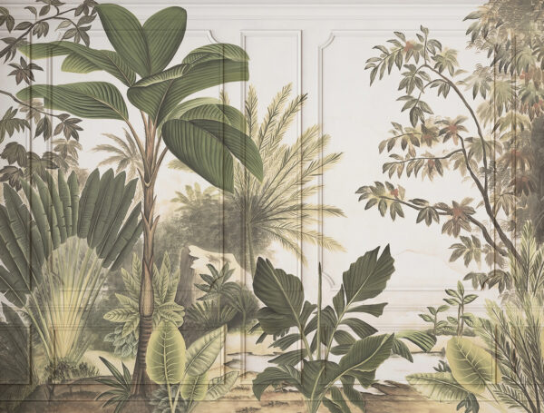 A wallpaper with a painting of trees and plants