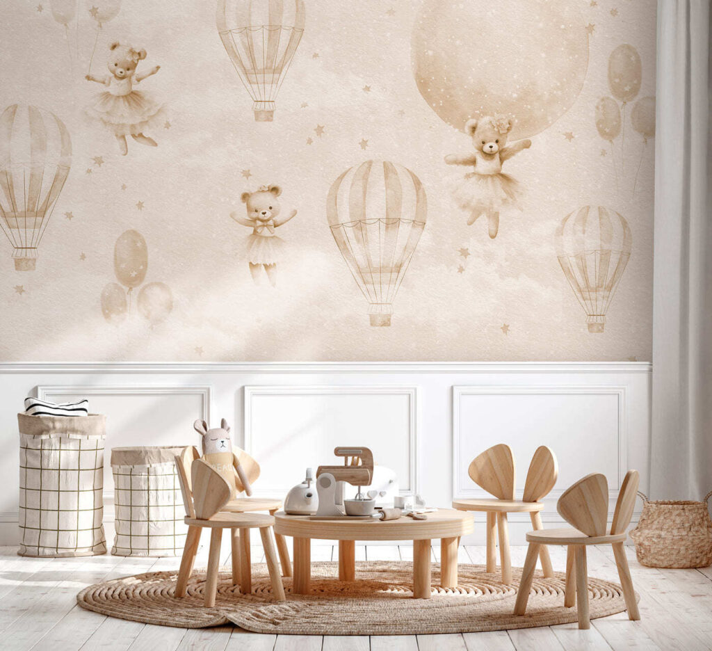 A group of teddy bears and hot air balloons