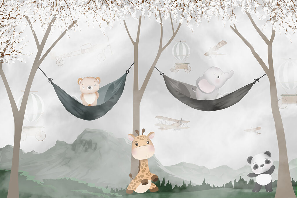 A giraffe and bear in hammocks A giraffe and bear in hammocks