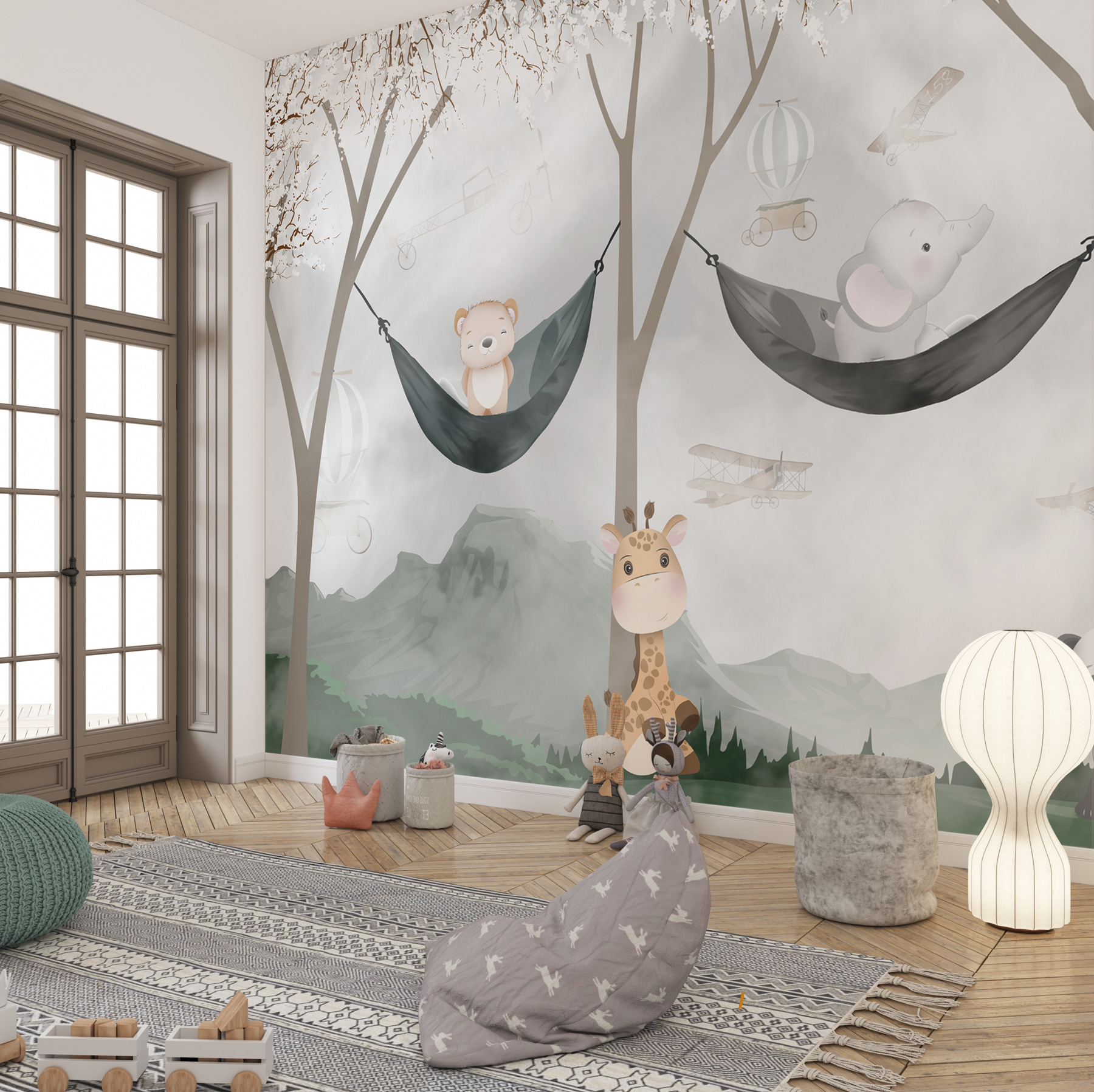 A giraffe and bear in hammocks