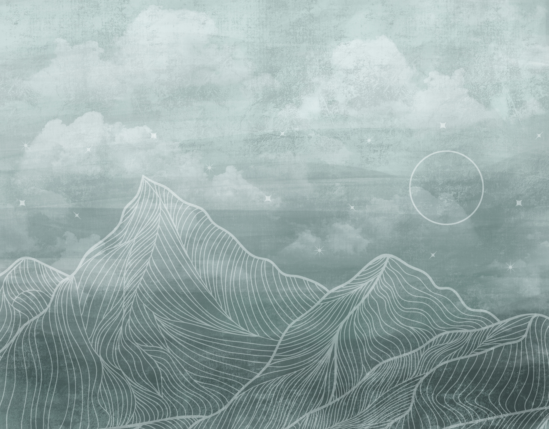 A mountain range with clouds and sun