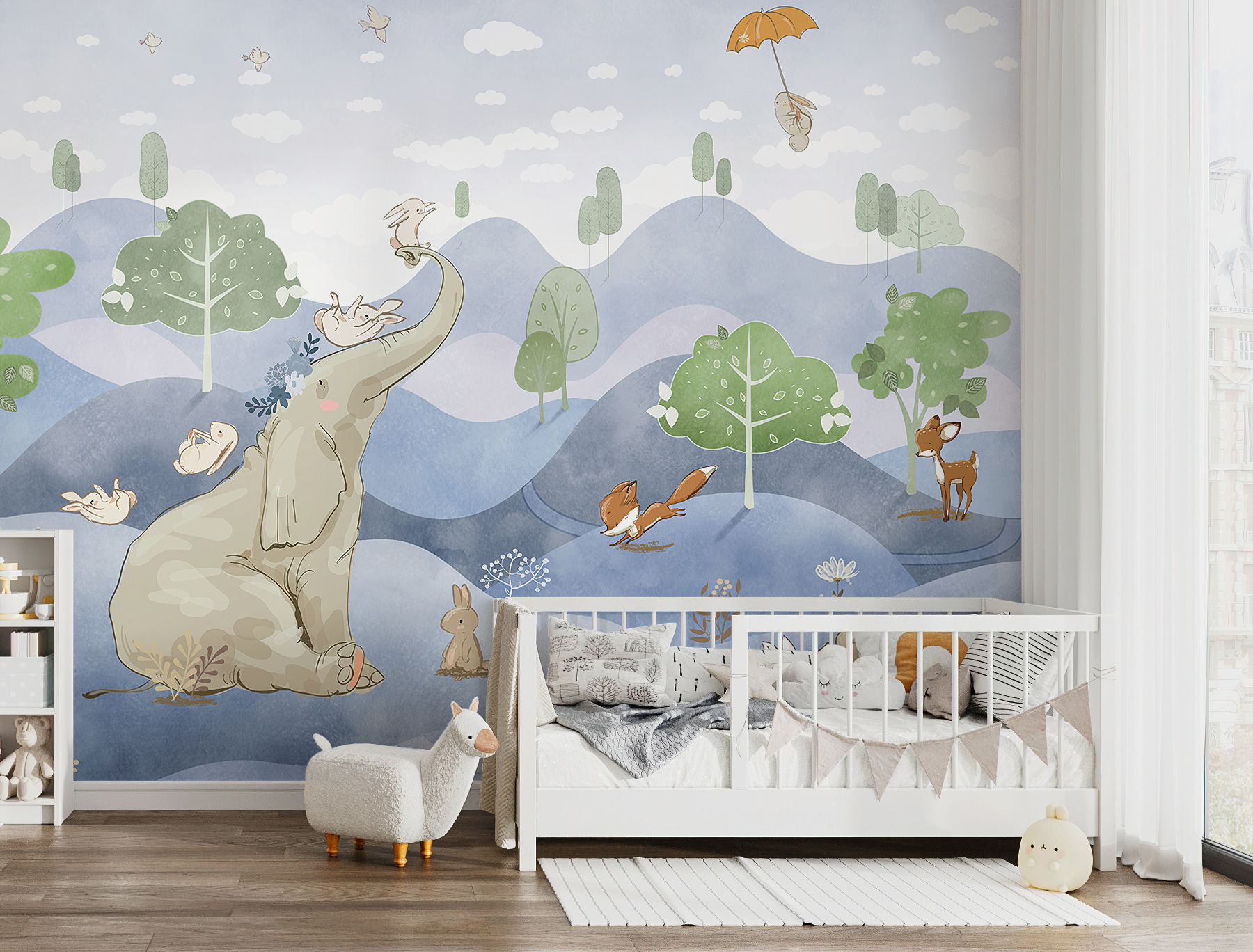 An elephant and rabbits in a forest