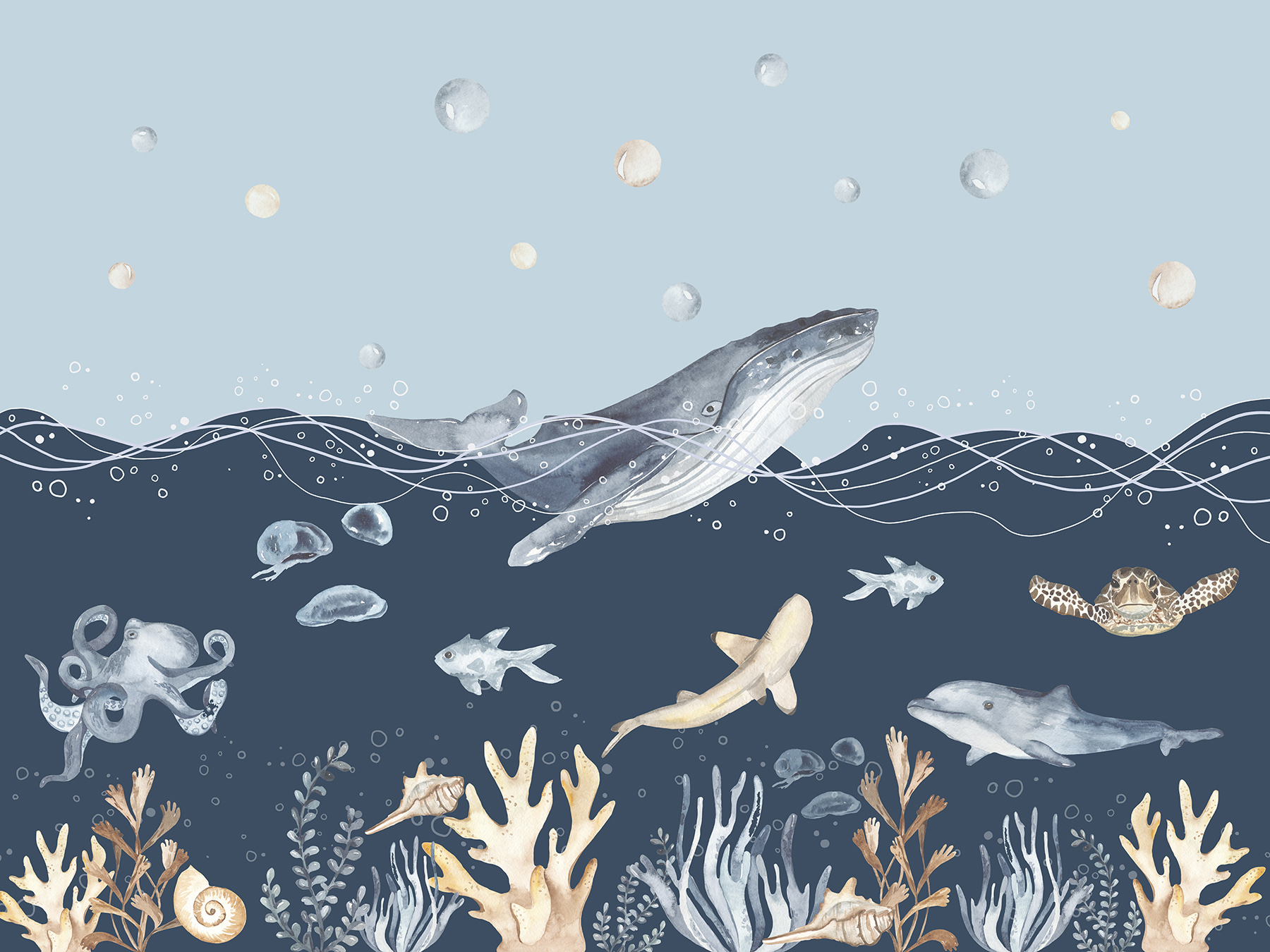 A watercolor of a whale and fish