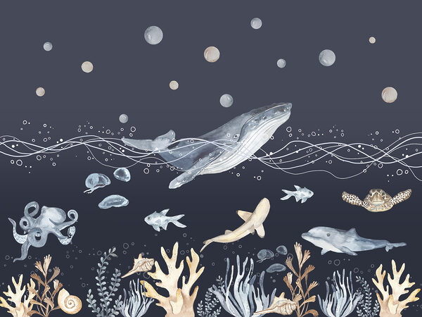 A watercolor of a whale and fish A watercolor of a whale and fish