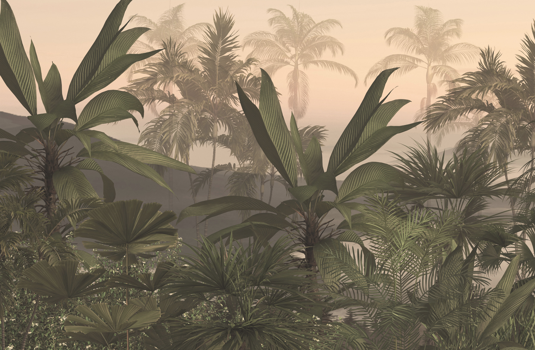 A group of palm trees in a foggy forest A group of palm trees in a foggy forest