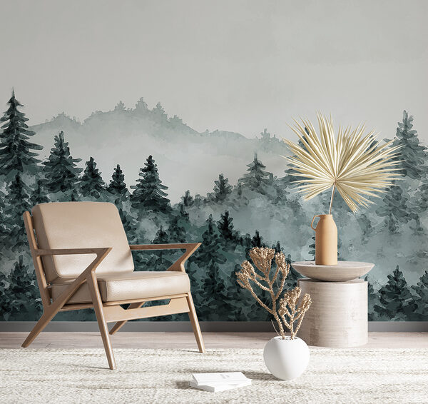 A foggy forest with trees A foggy forest with trees