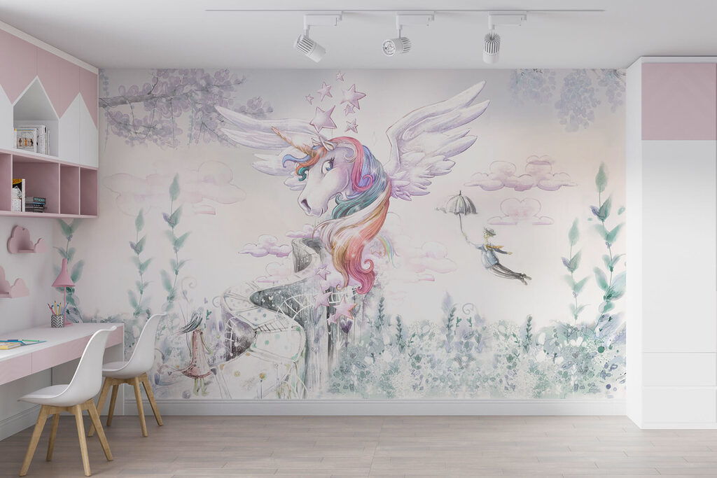 A unicorn with wings and a person flying