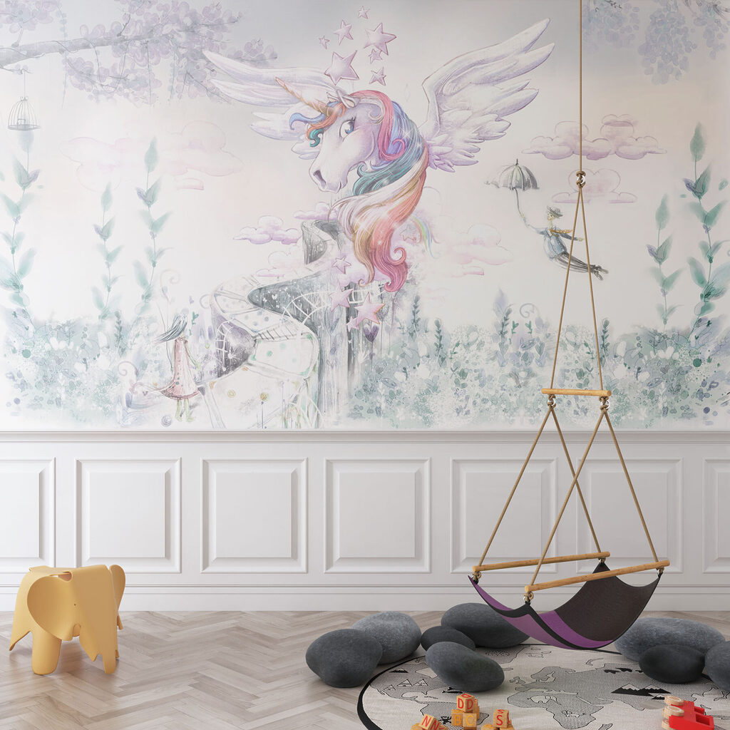 A unicorn with wings and a person flying