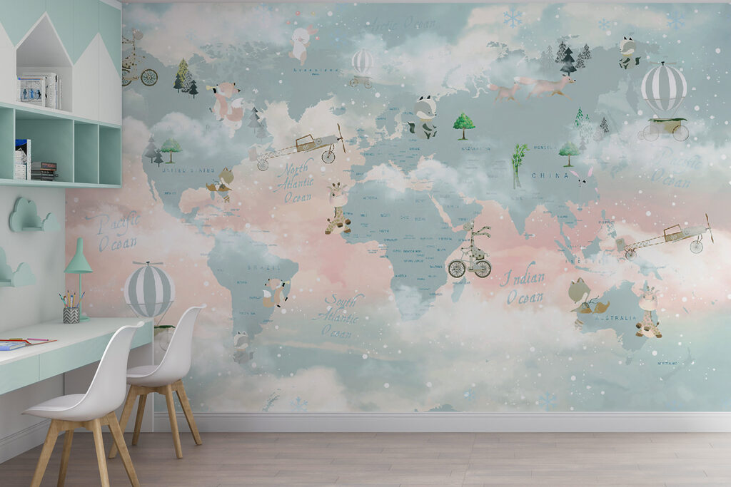 A map of the world with clouds and animals