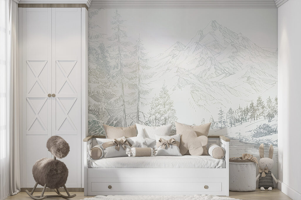 A river with trees and mountains in the background