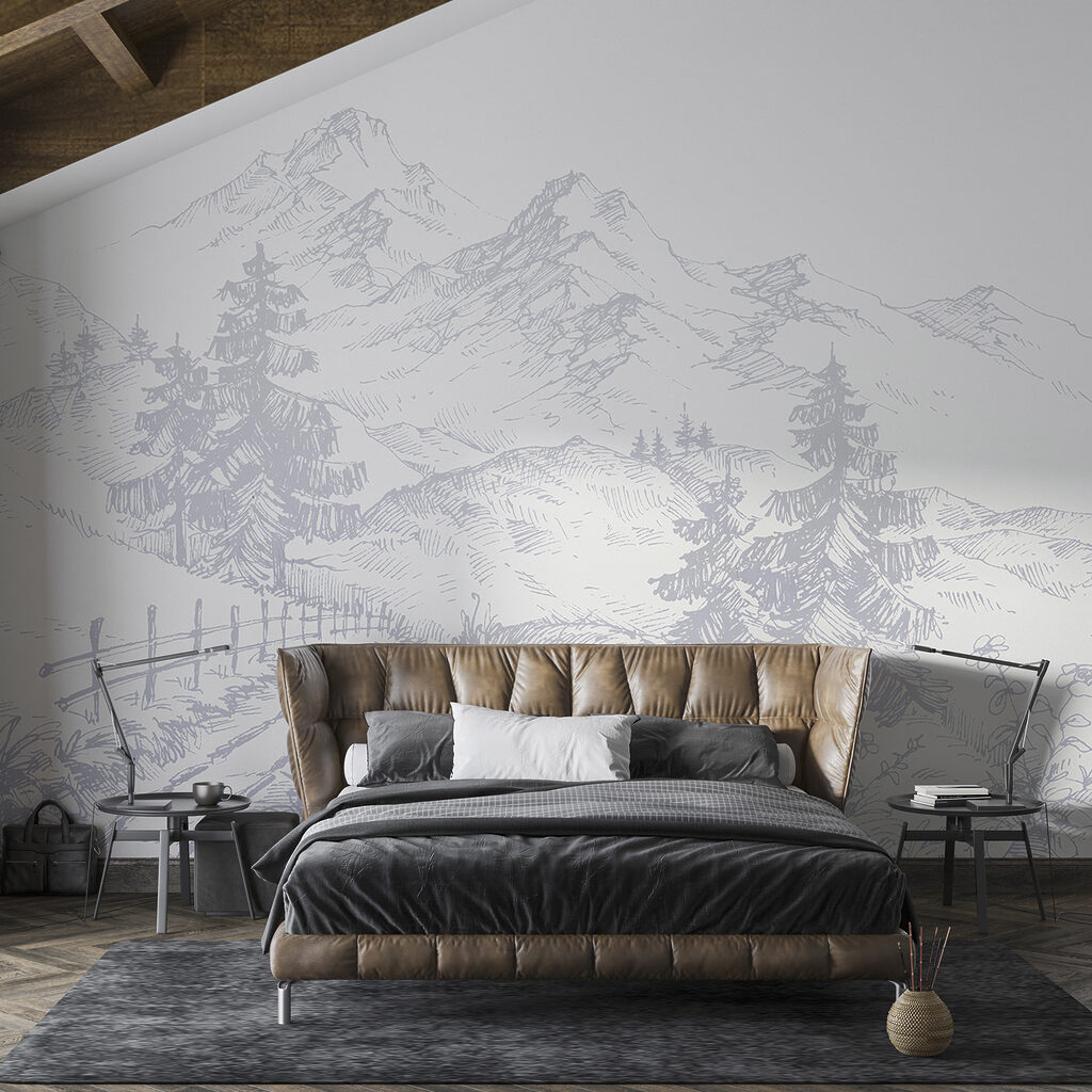 A drawing of a road and mountains