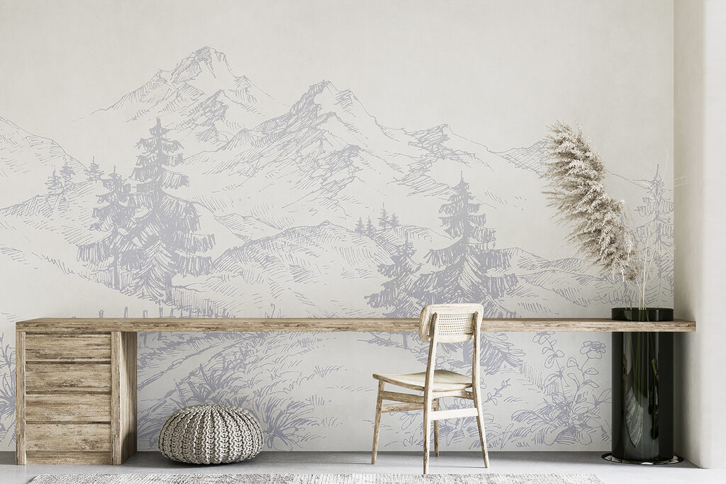 A drawing of a road and mountains