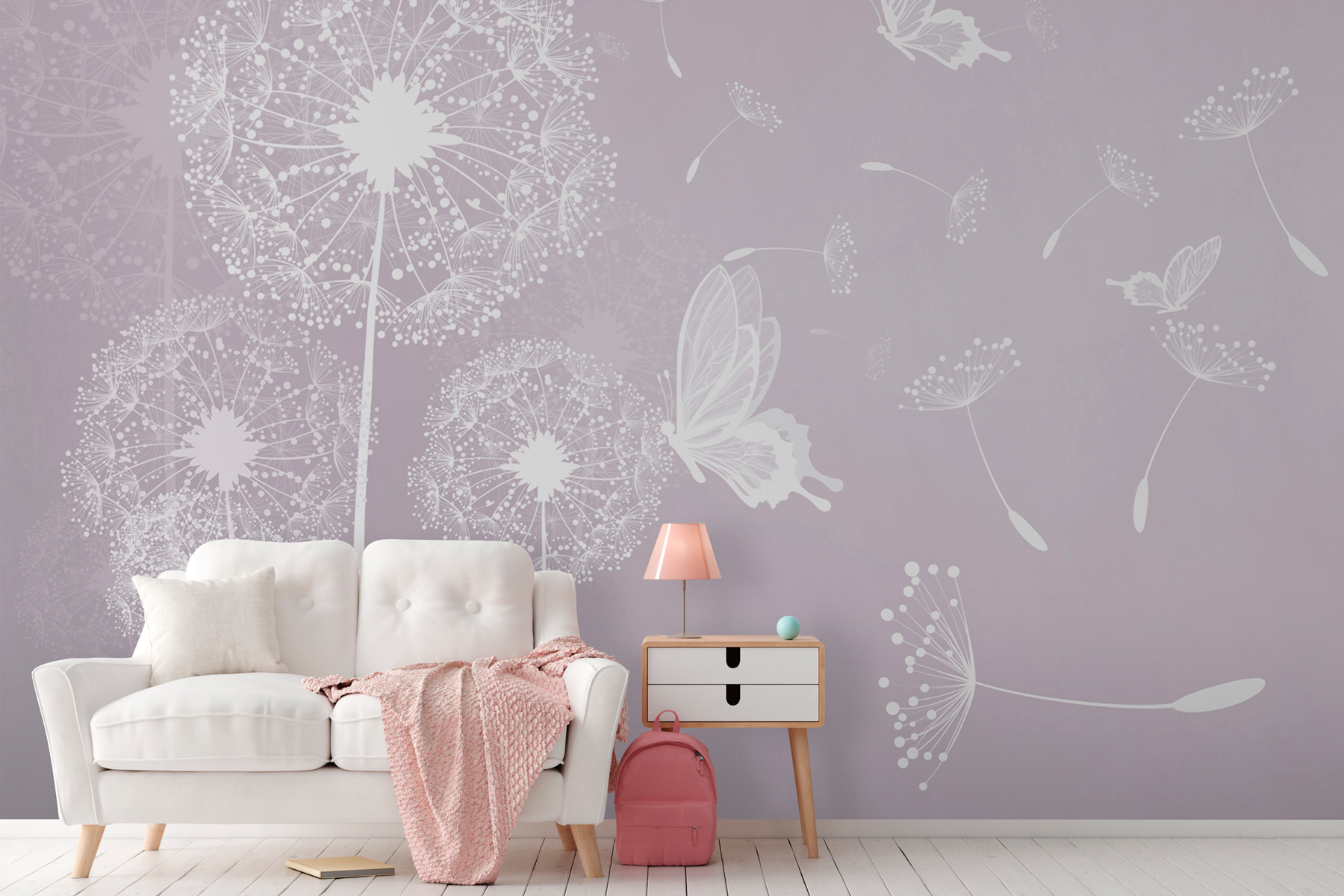 A white dandelions and butterflies