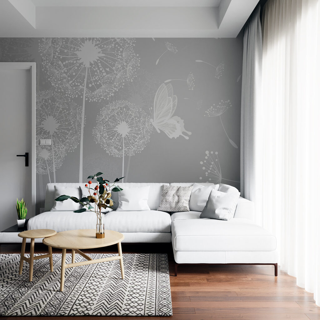 A white dandelions and butterflies