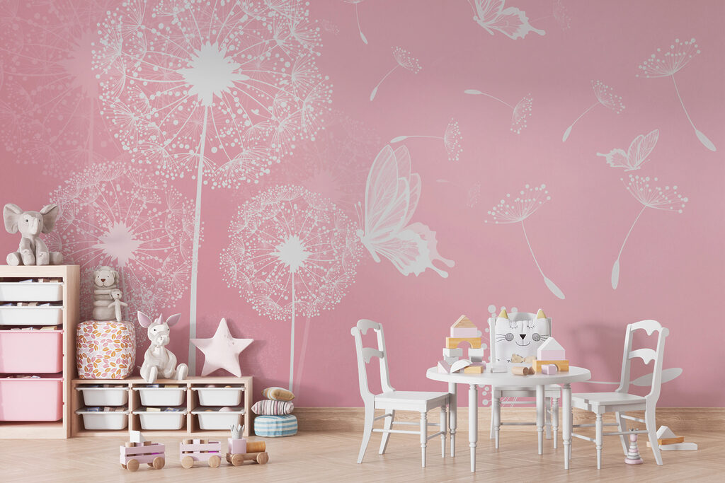 A pink background with white dandelions and butterflies A pink background with white dandelions and butterflies