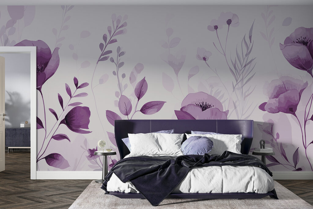 Purple flowers and leaves on a white background