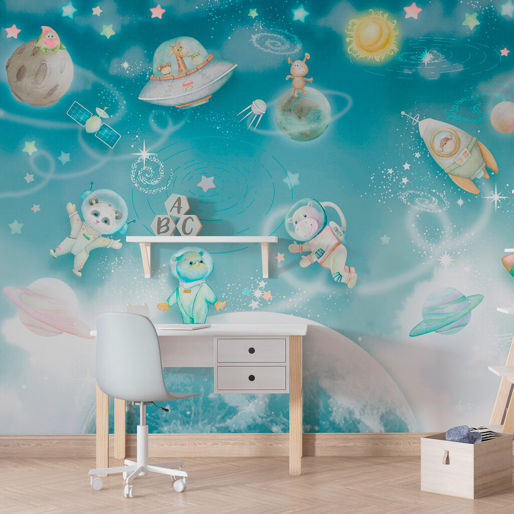 A cartoon space scene with planets and stars