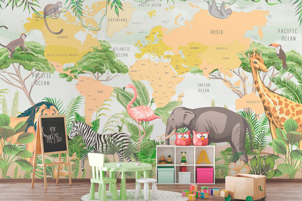 A map of the world with animals