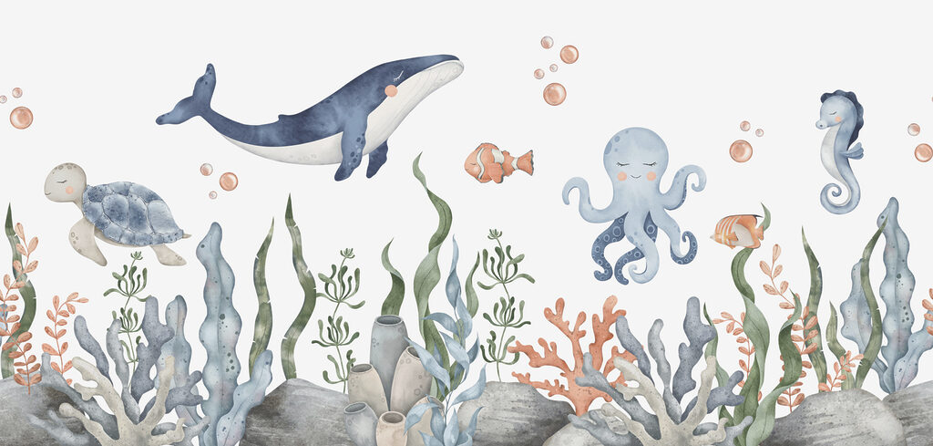 A whale and octopus under water