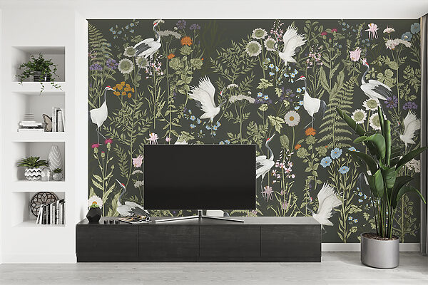 A wallpaper with birds and flowers