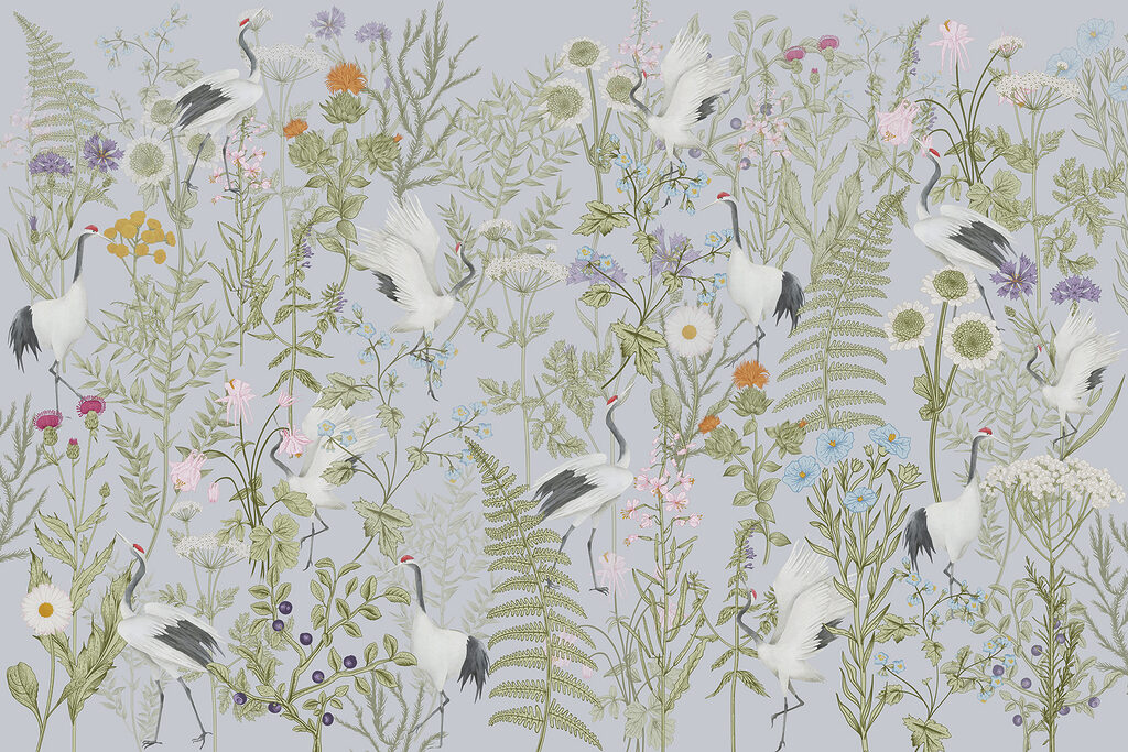 A wallpaper with birds and flowers