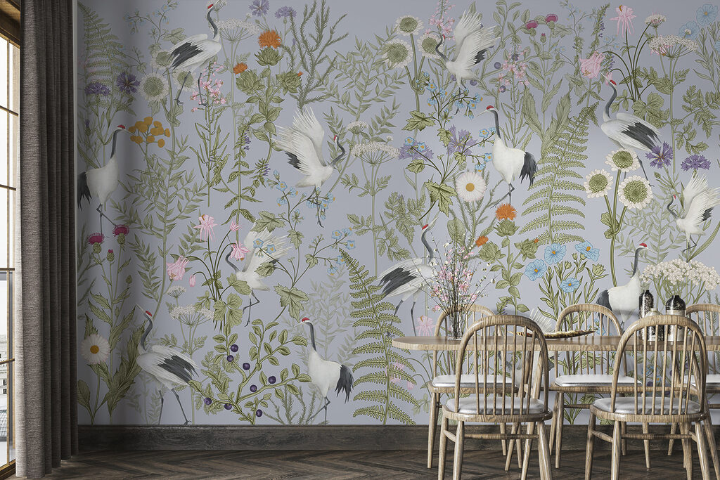 A wallpaper with birds and flowers