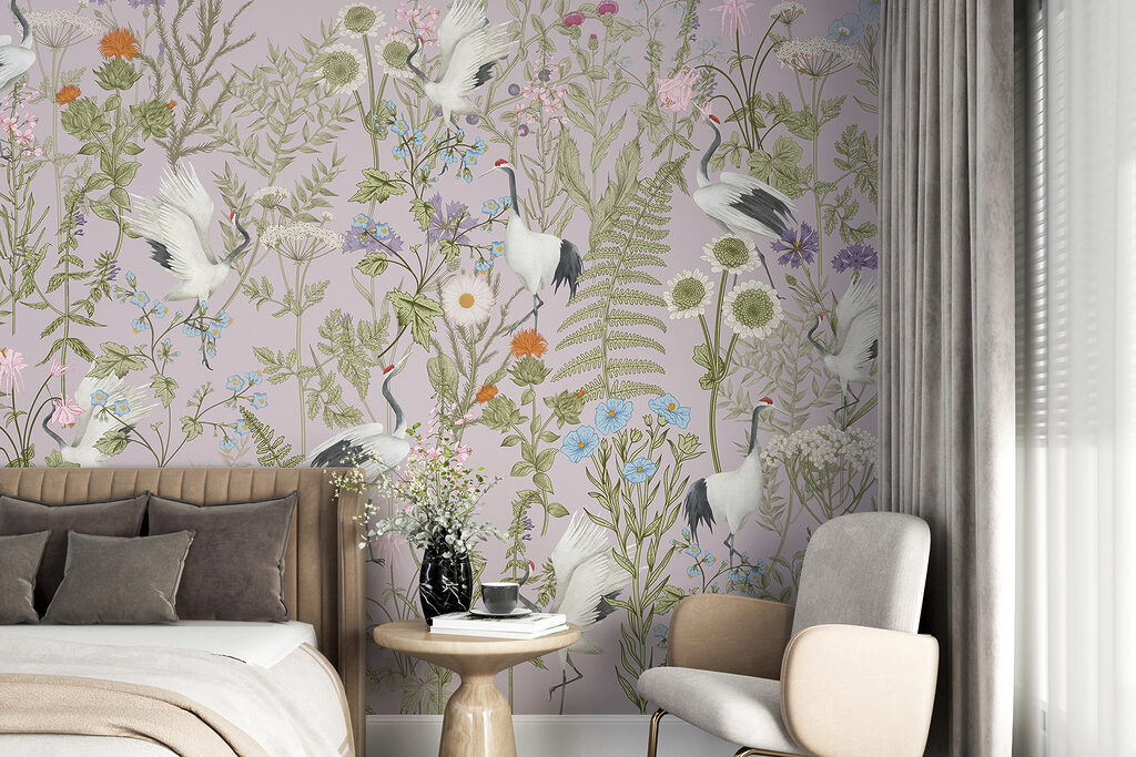 A wallpaper with birds and plants