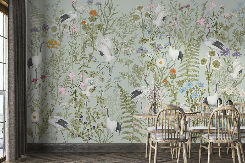A wallpaper with birds and plants