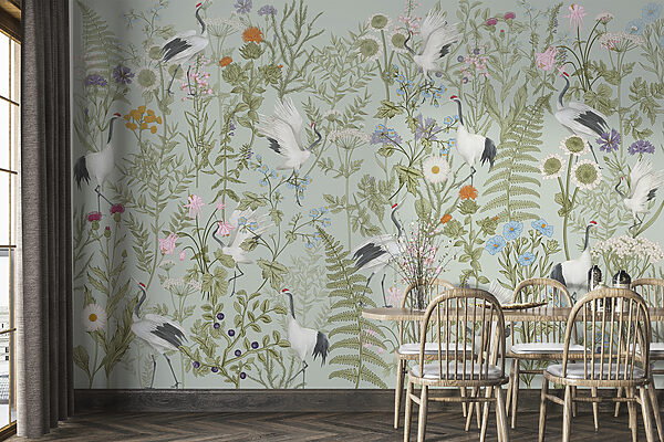 A wallpaper with birds and plants