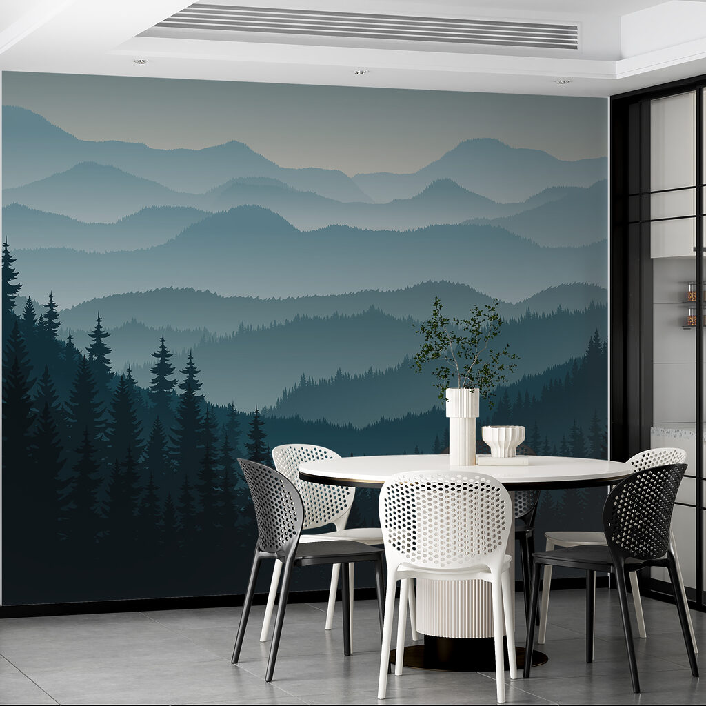 A landscape of mountains with trees