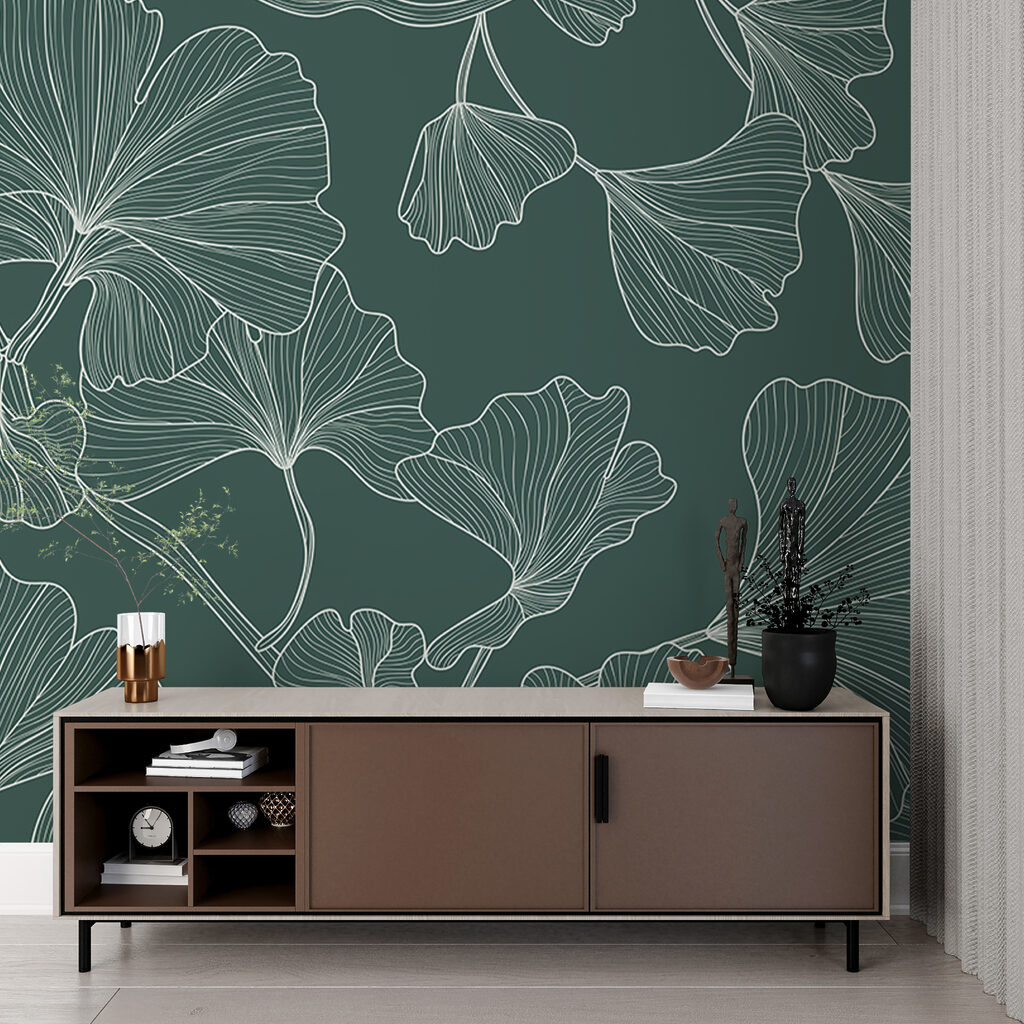 A pattern of leaves on a green background