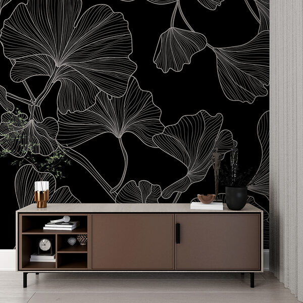 A black and white pattern of leaves